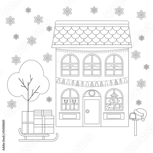 Coloring page: house in the decoration of Christmas, sleigh with gifts, mailbox in Father Christmas hat. Coloring book. Vector illustration.