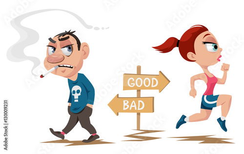 Running woman and smoking man.