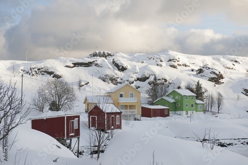 Hill village of Sund on  Flakstadoya Loftofen Norway photo
