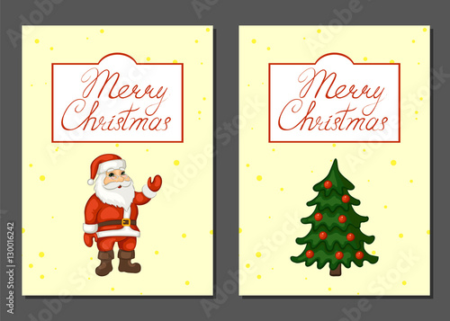 Merry Christmas poster  banner  greeting card set. Santa Claus and Christmas tree on a yellow background. Vector illustration.