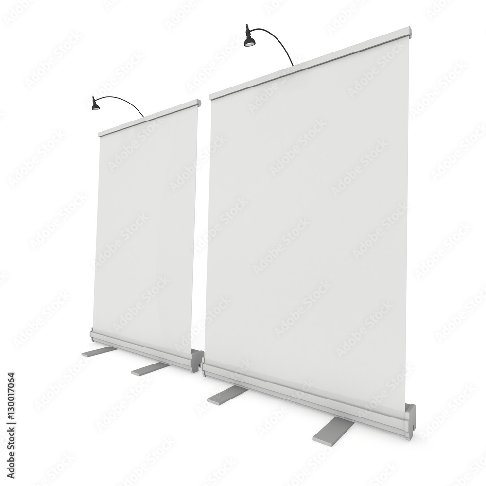 Blank Roll Up Banner Stand. Trade show booth white and blank. 3d render isolated on white background. High Resolution Template for your design. Blank Roll Up Banner Stand. Trade show booth white and blank. 3d render isolated on white background. High Resolution Template for your design.