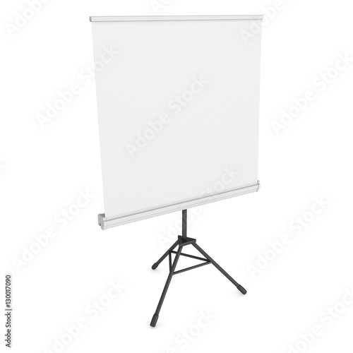 Blank Roll Up Expo Banner Stand on Tripod. Trade show booth white and blank. 3d render illustration isolated on white background. Template mockup for your expo design.