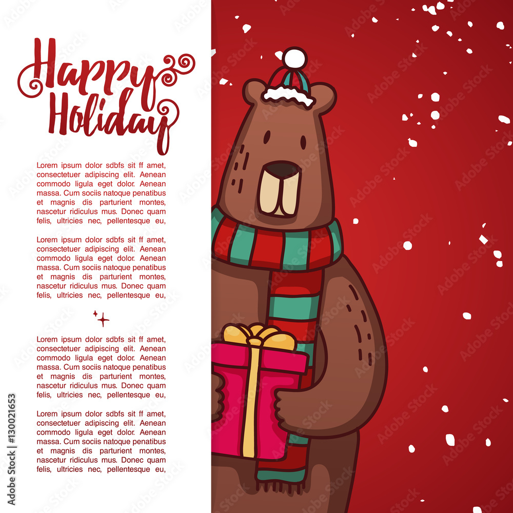 Fototapeta premium Template design banner for Christmas. Frame with cute cartoon bear wearing a scarf and and with gift. Poster lettering text Happy Holidays. Postcard, invintation to a happy new year and xmas event.