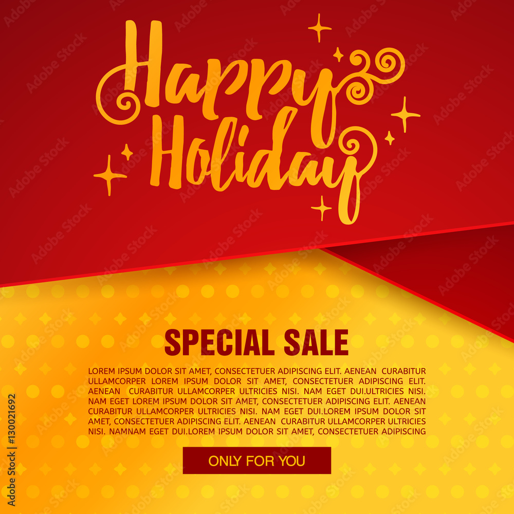 Template design christmas banner. Happu holiday brochure with decoration tape for xmas sale. Poster shiny gold background for a happy holiday offer. Vector.