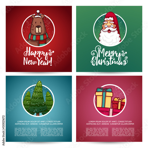 Set of designs Christmas cards template. Christmas card with Santa Claus and cute bear. Decor invitations small Christmas trees and gifts. Place for you text. Vector