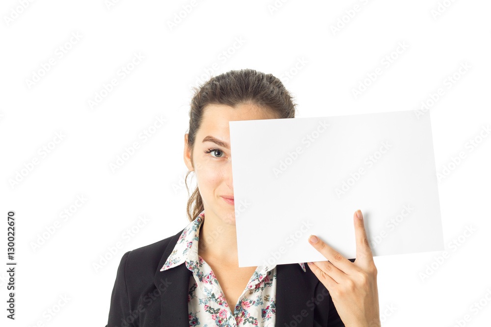 woman in uniform with white placard in hands woman in uniform with white placard in hands