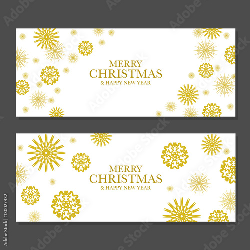 Christmas banners with golden snowflakes and text "Merry Christmas & Happy New Year". New year greeting card with different snowflakes.