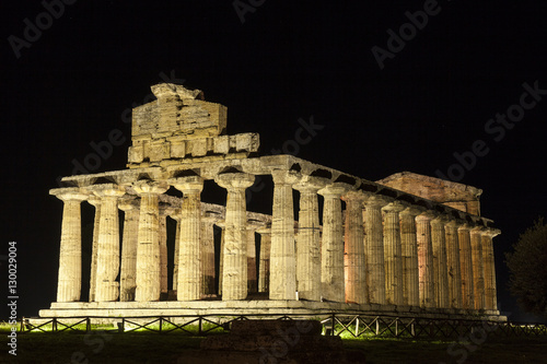 Archaeological site of Paestum in Italy. Greek Temple of Athena or Cerere. Night view photo