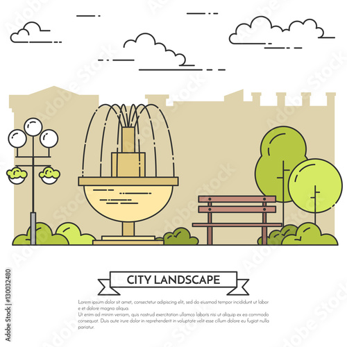 City landscape with bench, fountain in public park Line art
