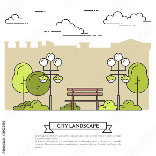 City landscape with bench, lamps in public park Line art