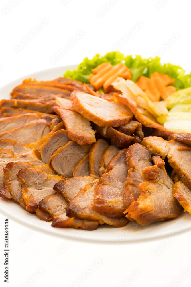 Roasted bbq red pork with sweet sauce in chinese food style in w Roasted bbq red pork with sweet sauce in chinese food style in w