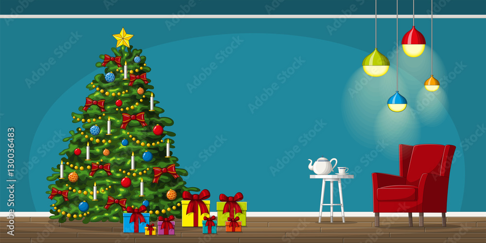 Illustration of interior equipment with christmas tree