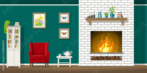 Illustration of interior equipment of a living room with fire place