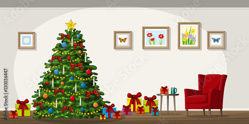 Illustration of interior equipment with christmas tree