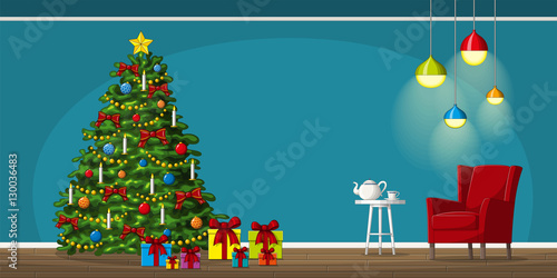Illustration of interior equipment with christmas tree