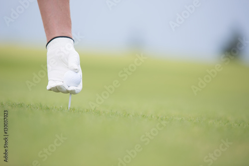 Hand holding ball and tee at golf course
