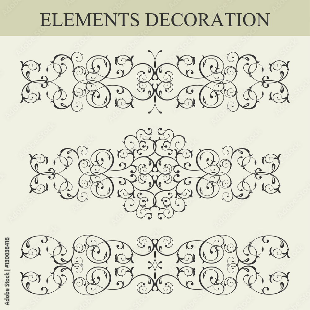 Vector set of patterns, borders and dividers decorative vignette elements set isolated on white for design