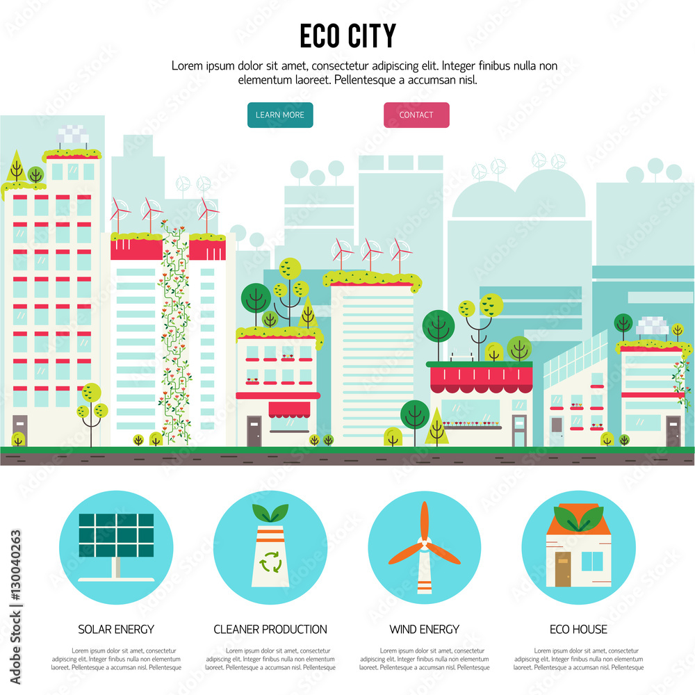 Banner or flyer with ecology city. Green city concept with eco i