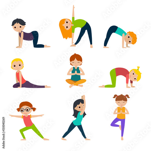 Girls and boys doing yoga. Cute yoga kids set.