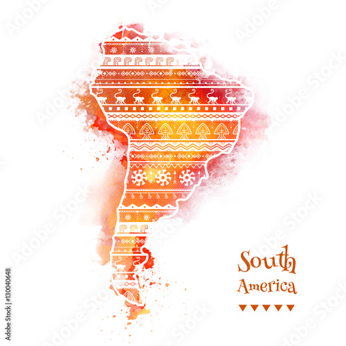 Textured vector map of South America. Hand-drawn ethno pattern, tribal background. Abstract Background with Watercolor Stains, Vector Design