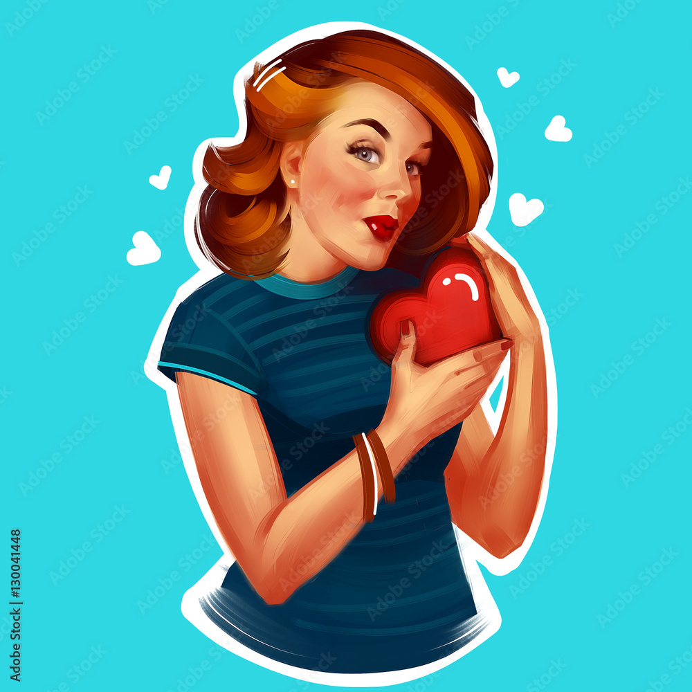 Portrait of a smiling woman holding a heart. Pin-up illustration on a blue background. Valentines day postcard. Wow, club girl, gift, fashion, look, hipster, girlfriend, wonder, temptation, red cheeks
