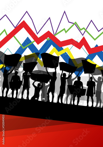 Economic crisis line chart with protesting people banners and si