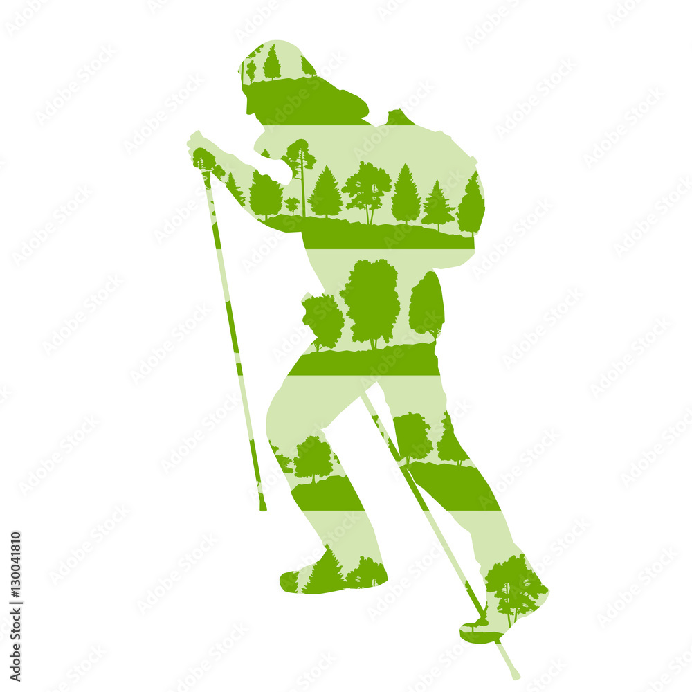 Hiking and nordic walking vector background concept made of fore Hiking and nordic walking vector background concept made of fore