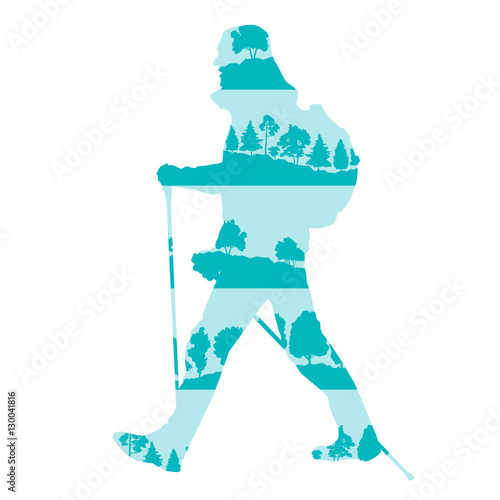 Hiking and nordic walking vector background concept made of fore