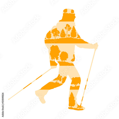 Hiking and nordic walking vector background concept made of fore