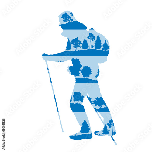 Hiking and nordic walking vector background concept made of fore
