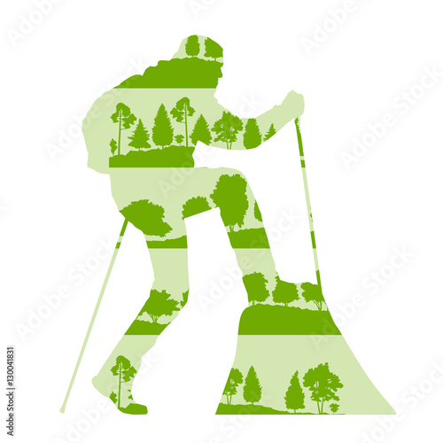 Hiking and nordic walking vector background concept made of fore