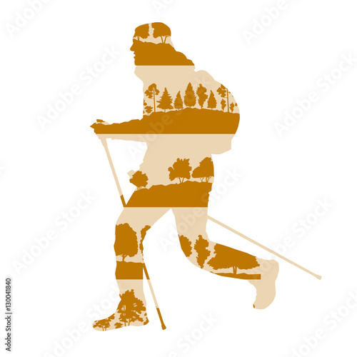 Hiking and nordic walking vector background concept made of fore