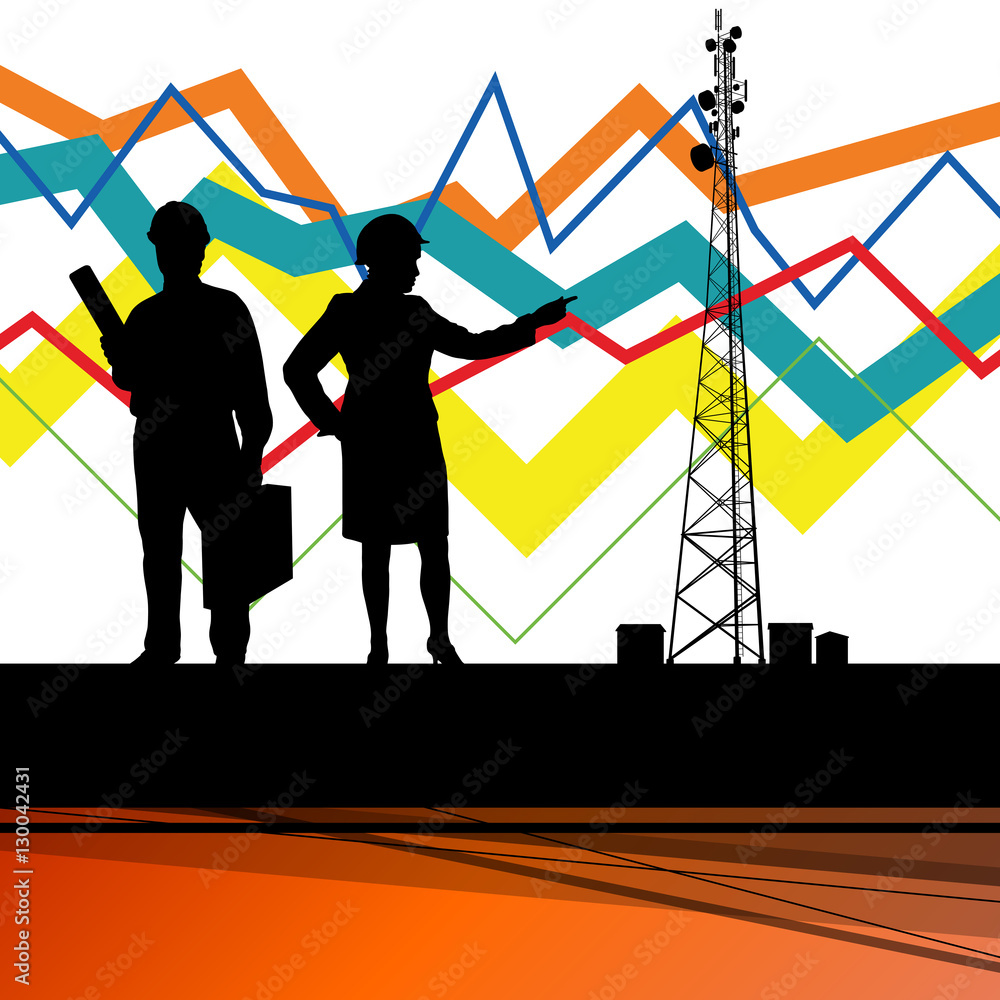 Fototapeta premium Economics data chart and engineers silhouettes and mobile phone