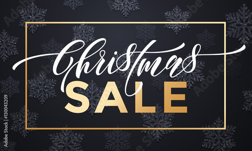 Xmas Sale banner background design with snowflakes gold fame