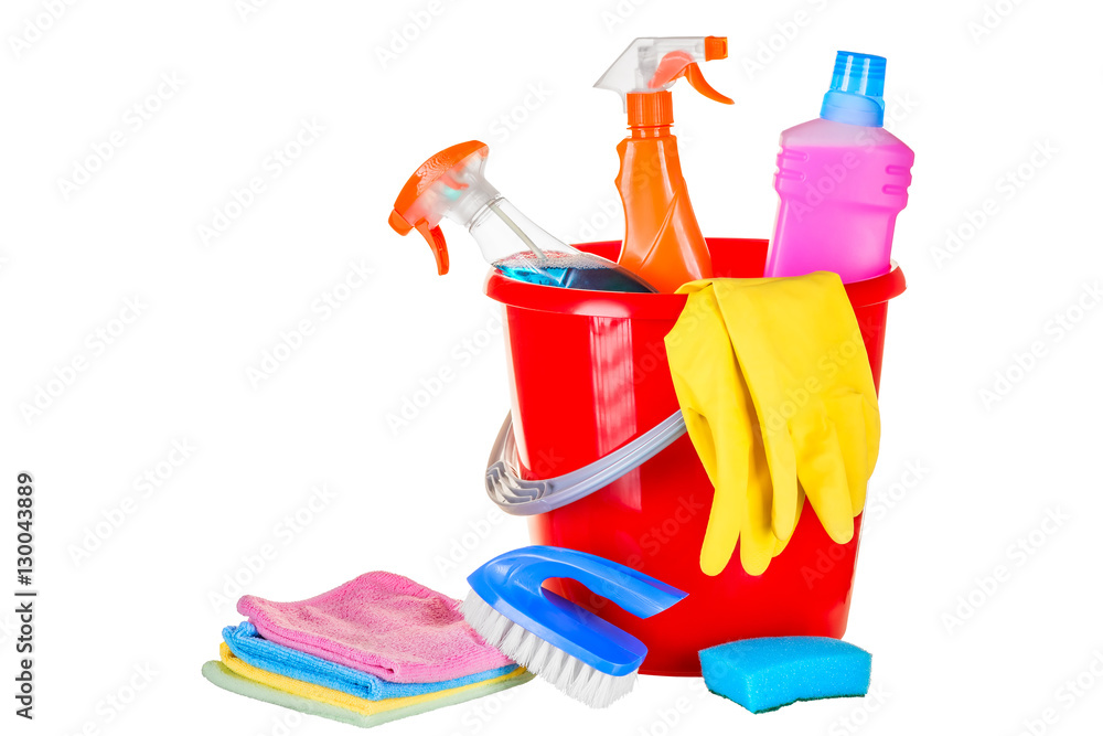 Equipment cleaning kit in the house close-up on a white backgrou Equipment cleaning kit in the house close-up on a white backgrou