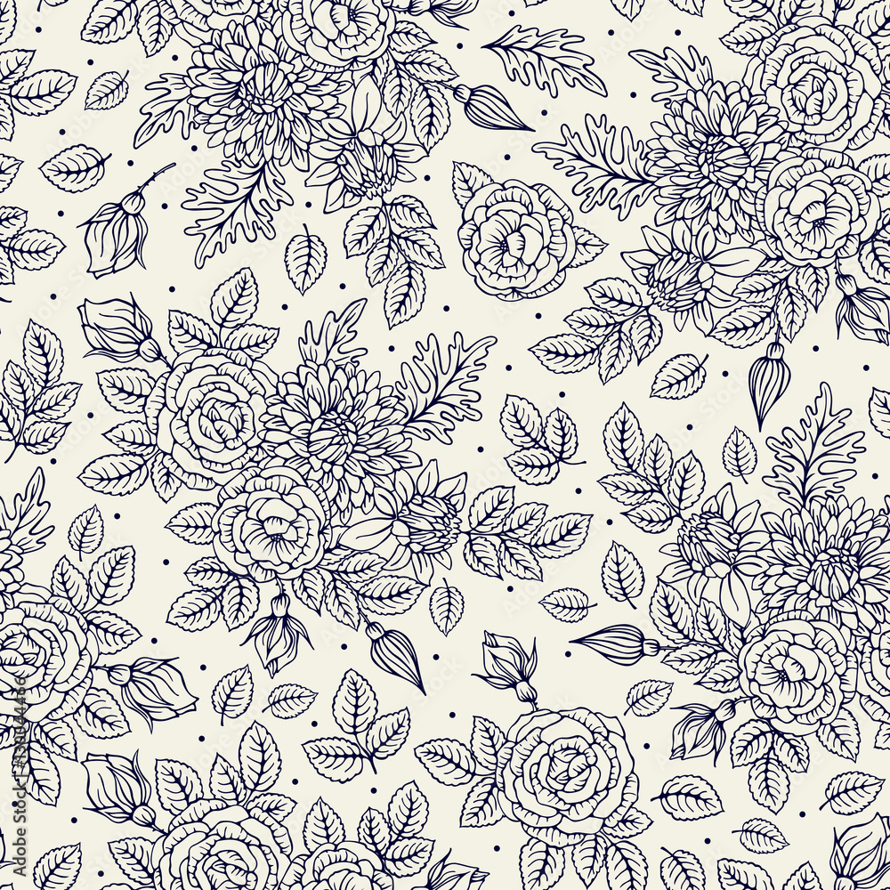 Seamless pattern with roses and chrysanthemum. Vintage. Freehand drawing