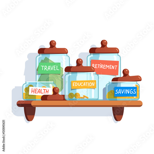 Coins and money in glass jars