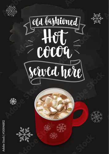 Christmas Warming beverage quote. Modern calligraphy style handwritten lettering with cup and decorative elements.