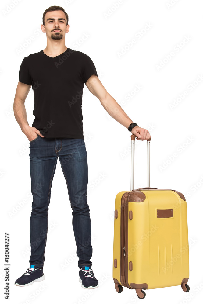 handsome man standing with yellow and brown suitcase isolated on white background handsome man standing with yellow and brown suitcase isolated on white background