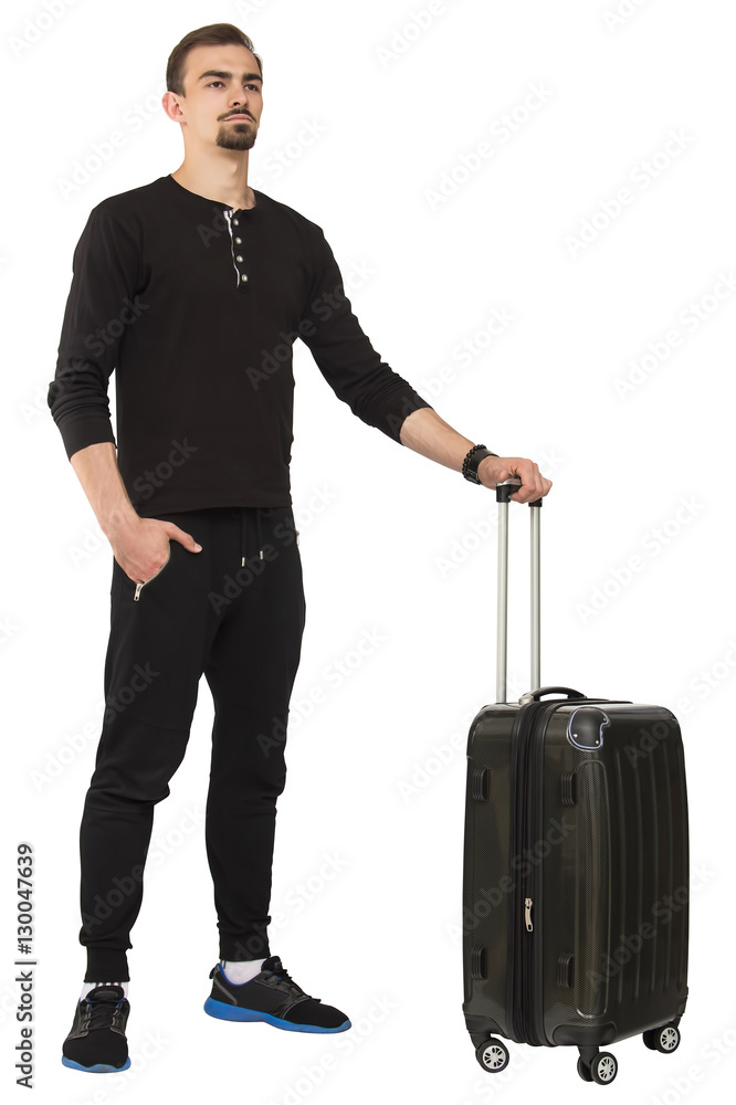 handsome man standing with gray suitcase isolated on white background handsome man standing with gray suitcase isolated on white background