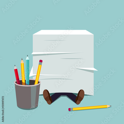 Business man buried under huge document paper pile