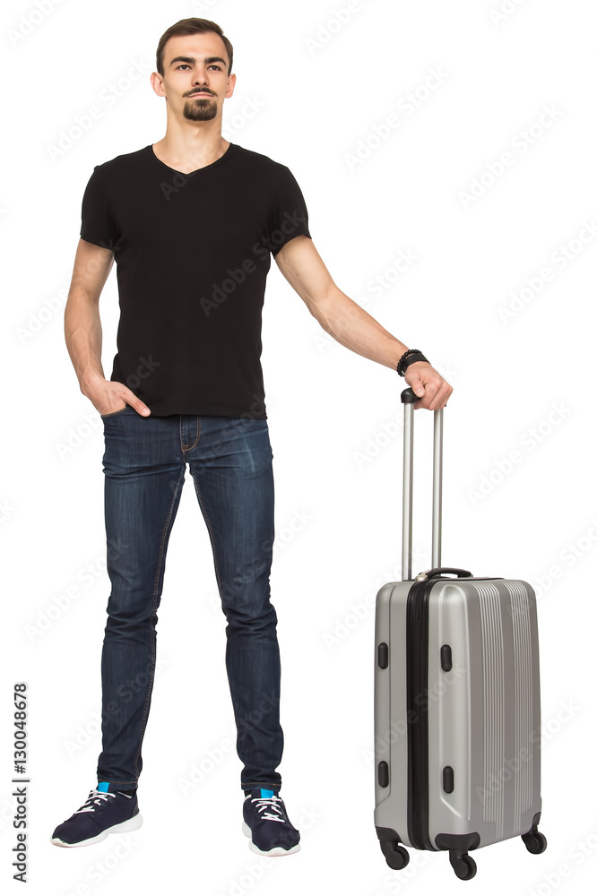 handsome man standing with gray suitcase isolated on white background handsome man standing with gray suitcase isolated on white background