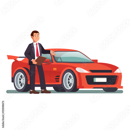 Car dealer showing a new red sports auto
