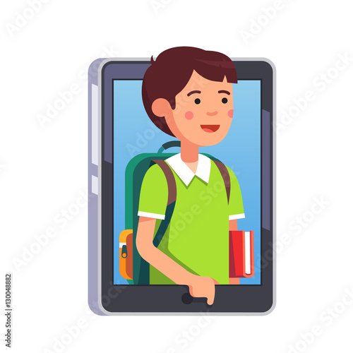 School boy sticking out of smartphone screen