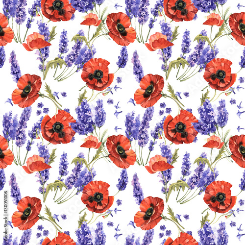 Wildflower lavender and poppy flower pattern in a watercolor style isolated.