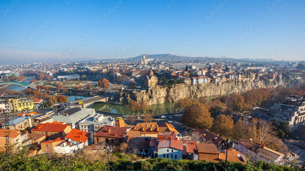 Fototapeta premium The Panoramic View Of Tbilisi, Sameba, Metekhi, autumn, Georgia