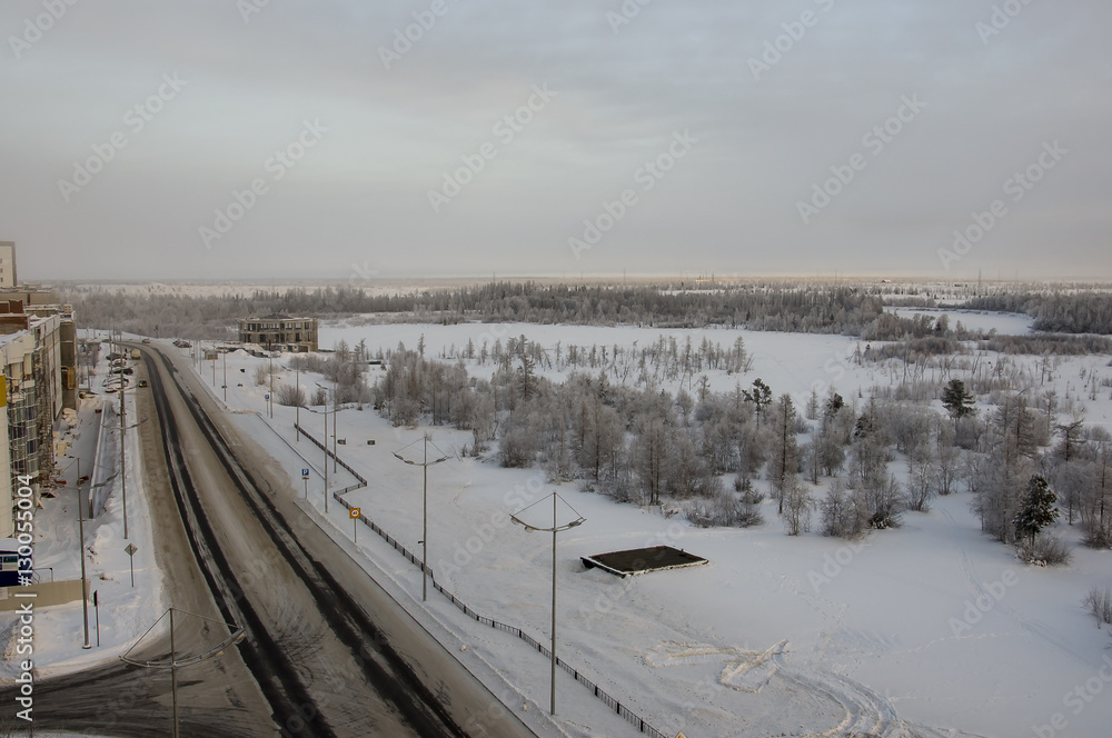 Road in the winter street. Evening, sunset Road in the winter street. Evening, sunset