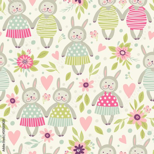 Seamless pattern with rabbits and flowers