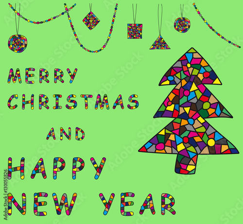 Christmas card in the original style. The tree and the greeting merry Christmas and happy new year.