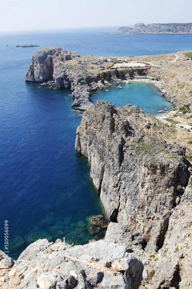 View of the St. Paul Bay from the Acropolis of Lindos, Rhodes, Dodecanese, Greek Islands, Greece View of the St. Paul Bay from the Acropolis of Lindos, Rhodes, Dodecanese, Greek Islands, Greece